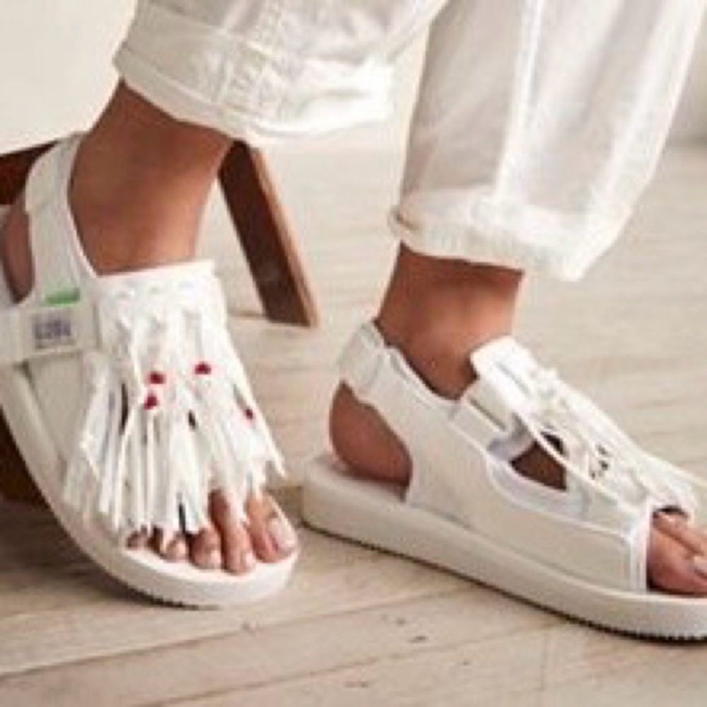 Suicoke Free People White Sandals with Fringe and Beads